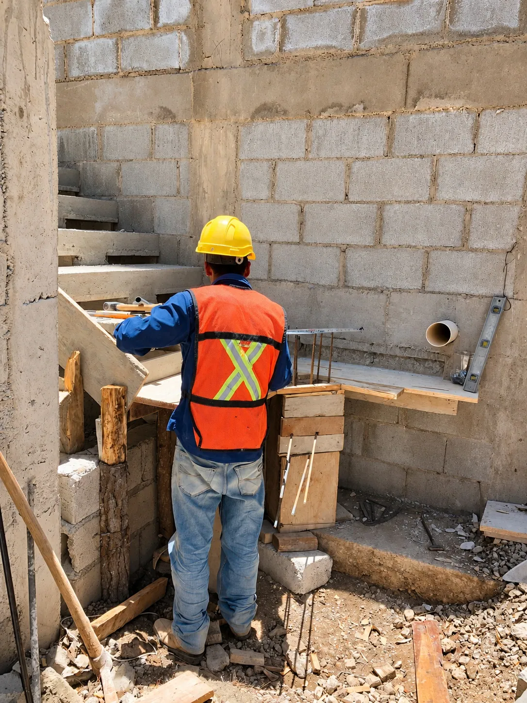 Trabajo en obra sobre muros de block