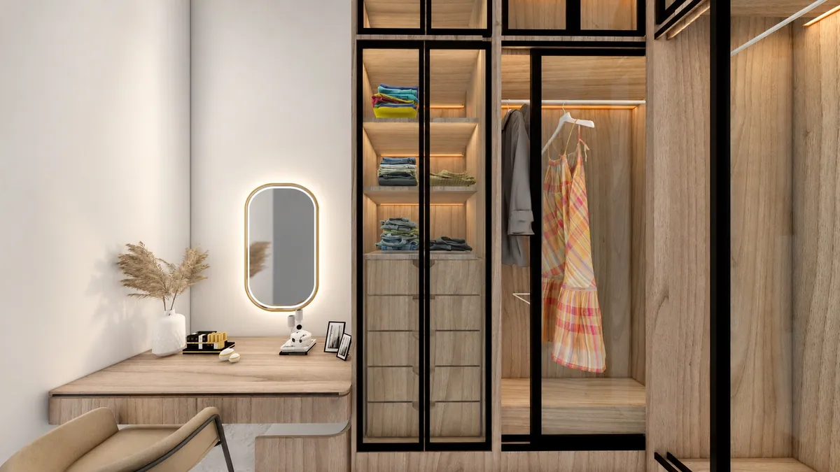 Render de vestidor con cancel de vidrio