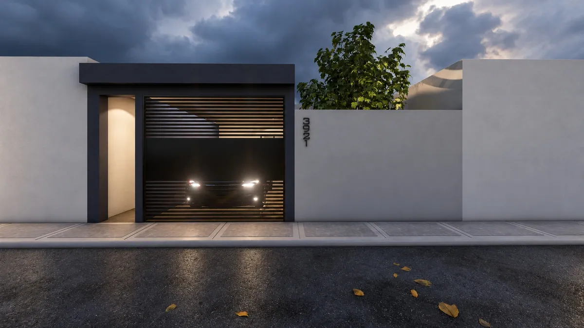 Render nocturno de fachada con celosía