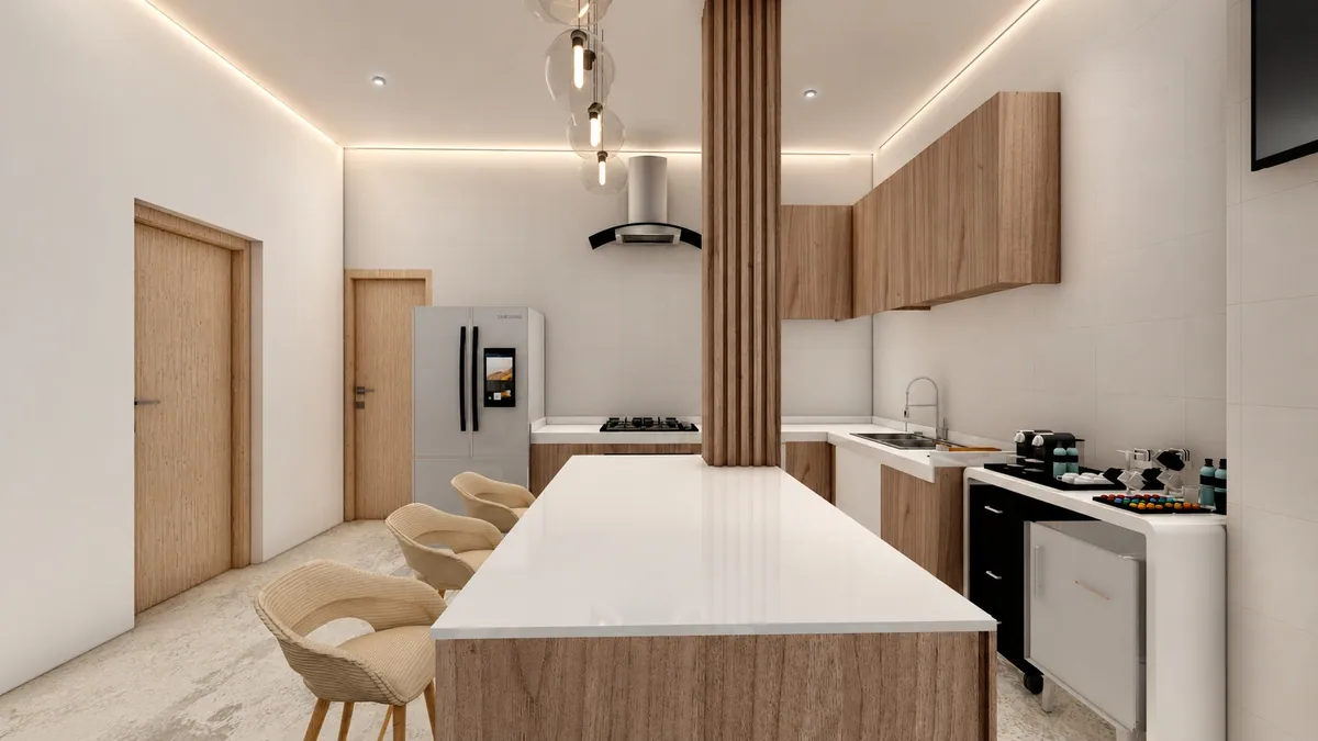 Render de cocina con isla blanca y columna de madera