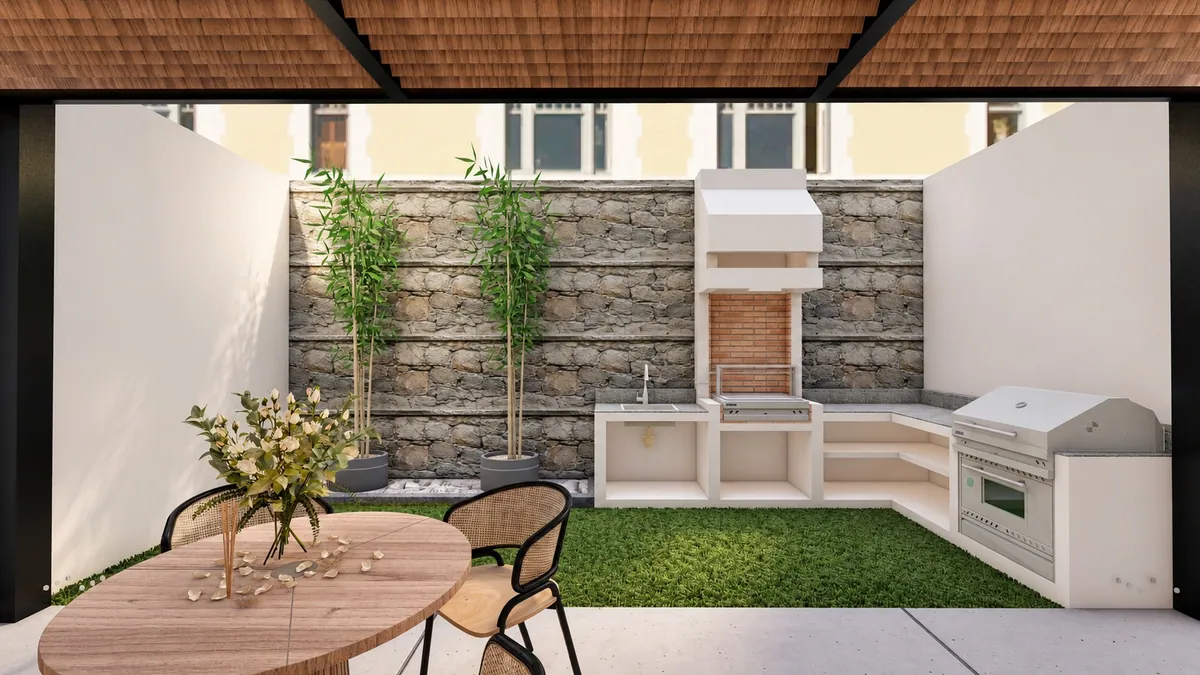Render de terraza con asador y pérgola de madera