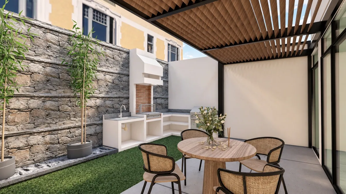 Render de terraza techada con comedor