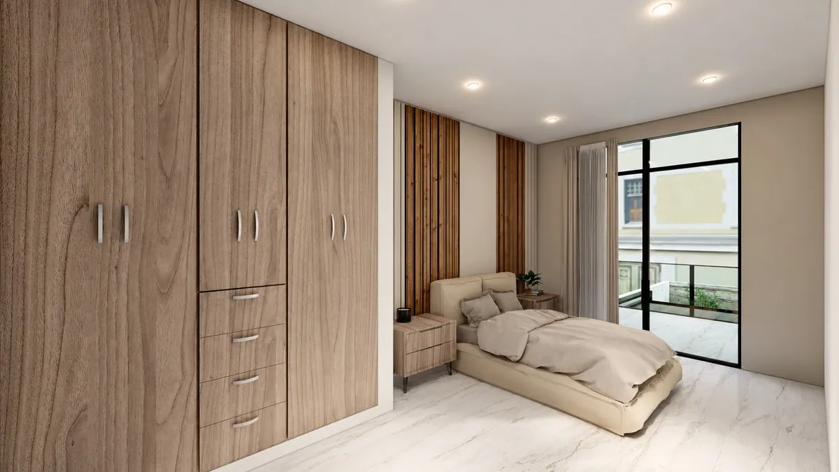Render de recámara con clóset de madera