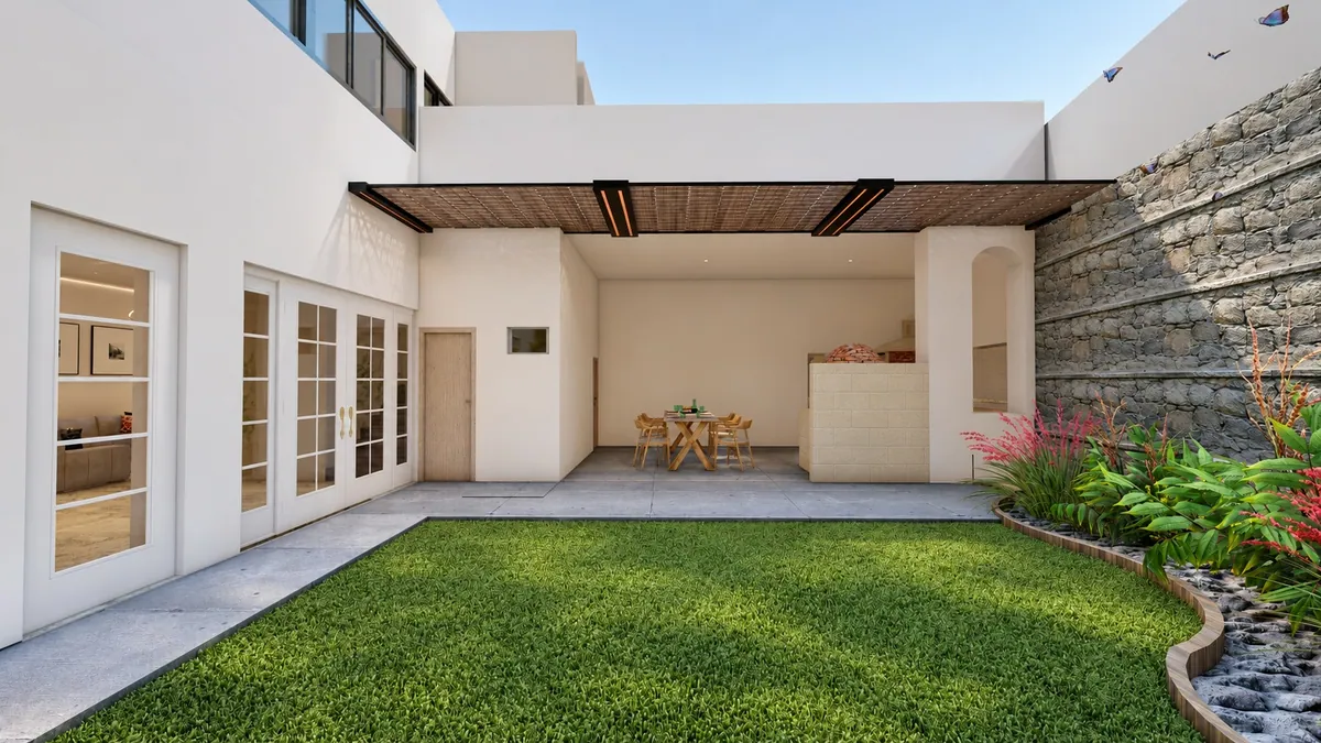 Render de patio interior con jardín