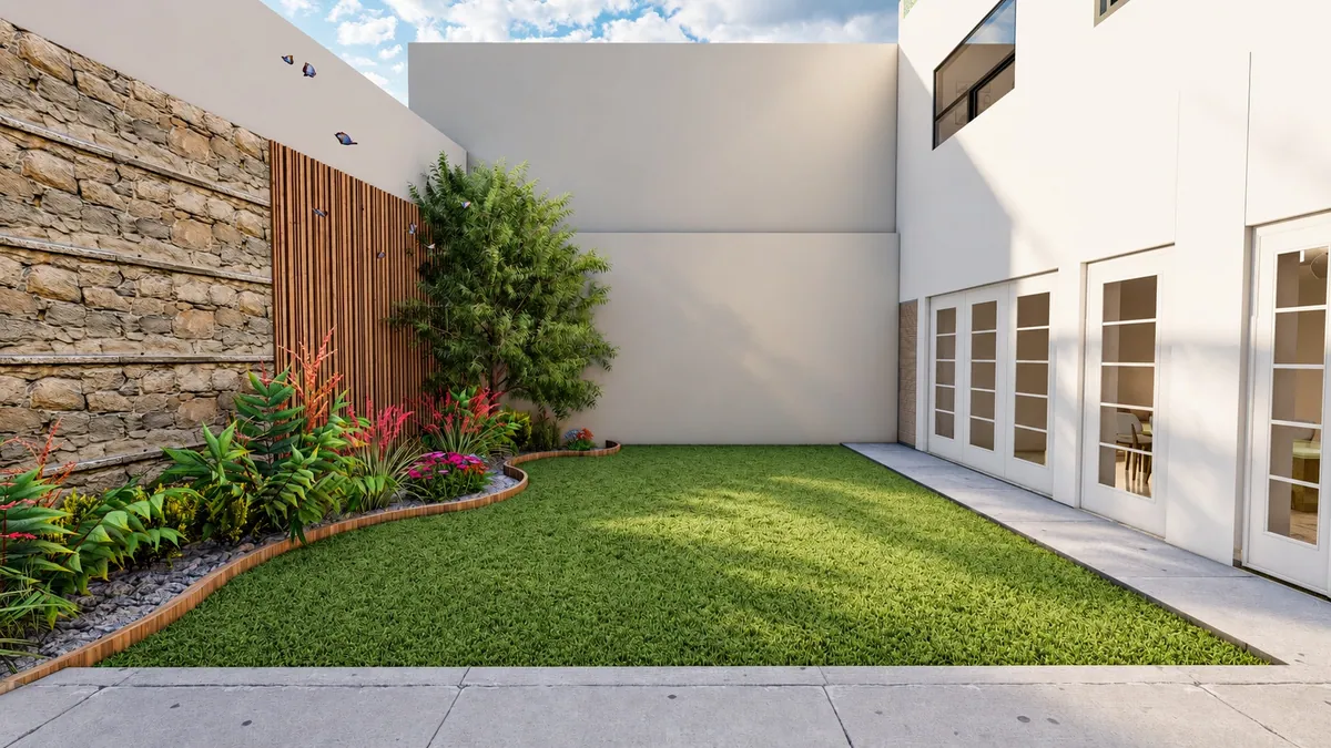 Render de jardín interior con muro de piedra