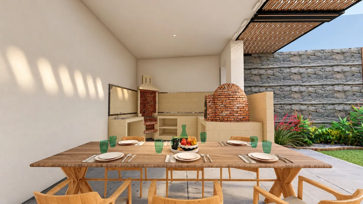 Render de comedor exterior con horno de leña