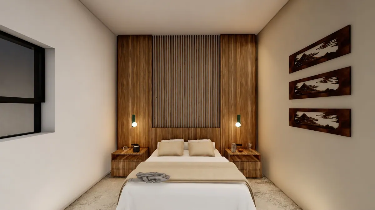 Render de recámara con cabecera de madera