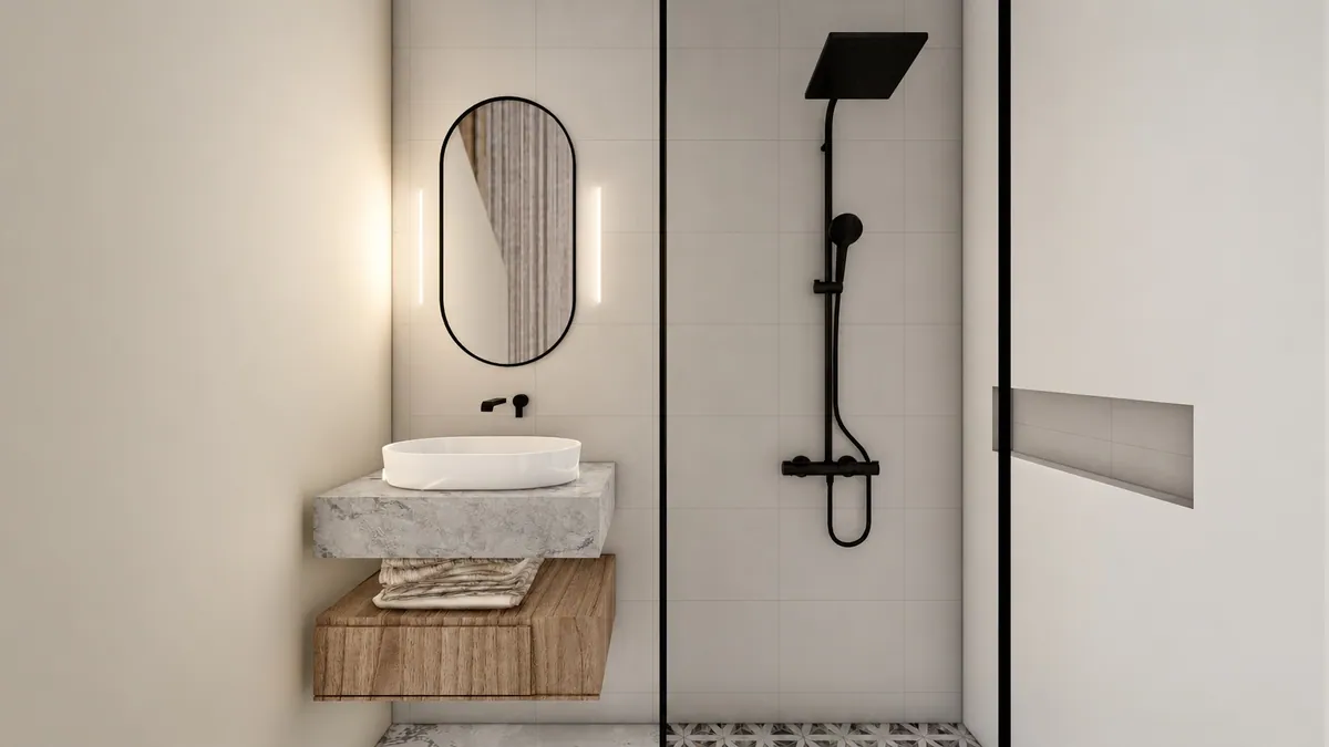 Render de baño con regadera y espejo ovalado