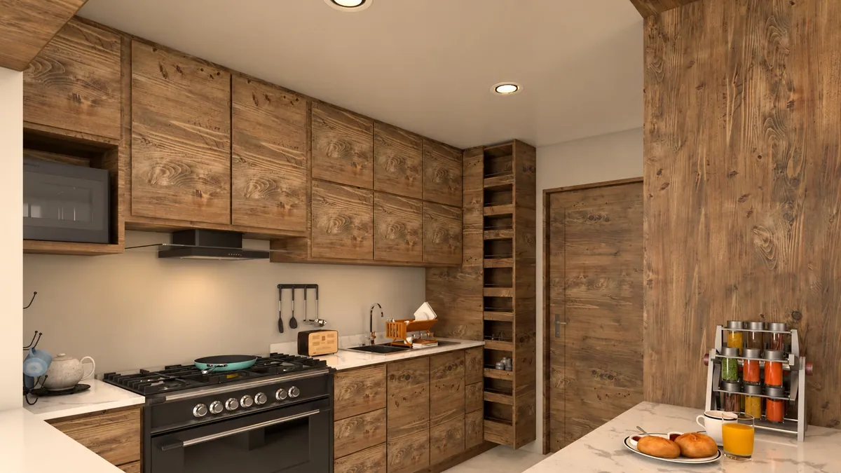 Render de cocina con gabinetes de madera