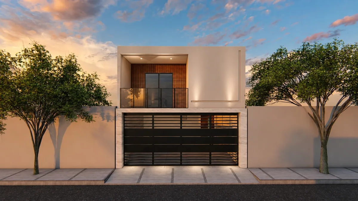 Render de fachada con iluminación cálida al atardecer