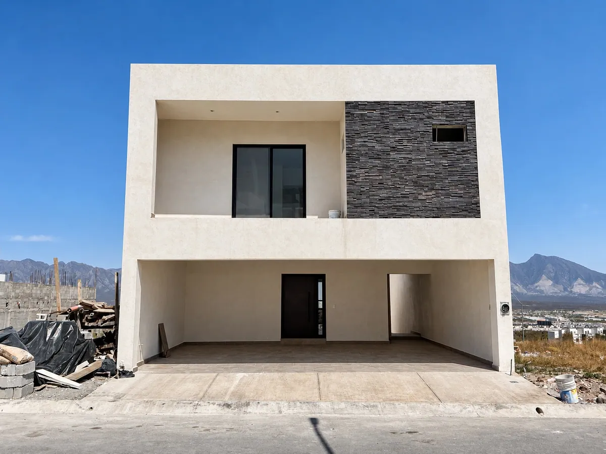 Fachada de Casa Solana con la sierra al fondo