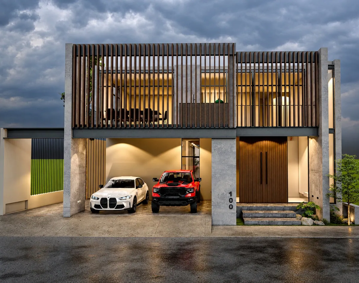 Render de Casa Sienna con acabado de concreto bajo cielo nublado